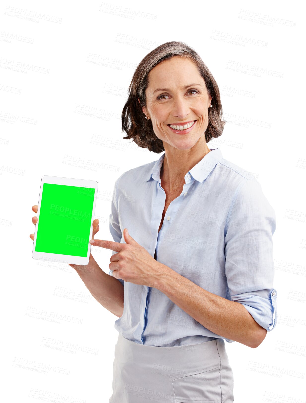 Buy stock photo Business woman, portrait and tablet with green screen mockup for presentation, information or isolated on transparent png background. Happy mature manager show space on digital technology for sign up