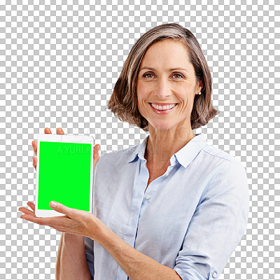 Buy stock photo Business woman advertising tablet with mockup green screen for presentation, information or isolated on transparent png background. Portrait of mature manager show digital space of launch coming soon