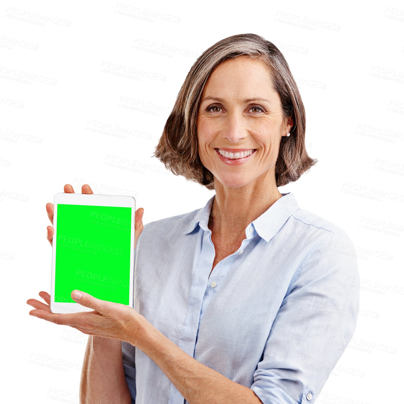 Buy stock photo Business woman advertising tablet with mockup green screen for presentation, information or isolated on transparent png background. Portrait of mature manager show digital space of launch coming soon