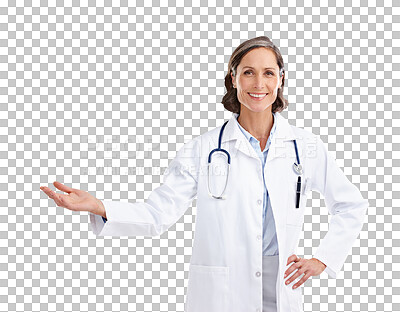 Buy stock photo Presentation, doctor and choice with portrait of woman on png for show, medical and news. Medicine, healthcare and advertising with person isolated on transparent background for information and offer