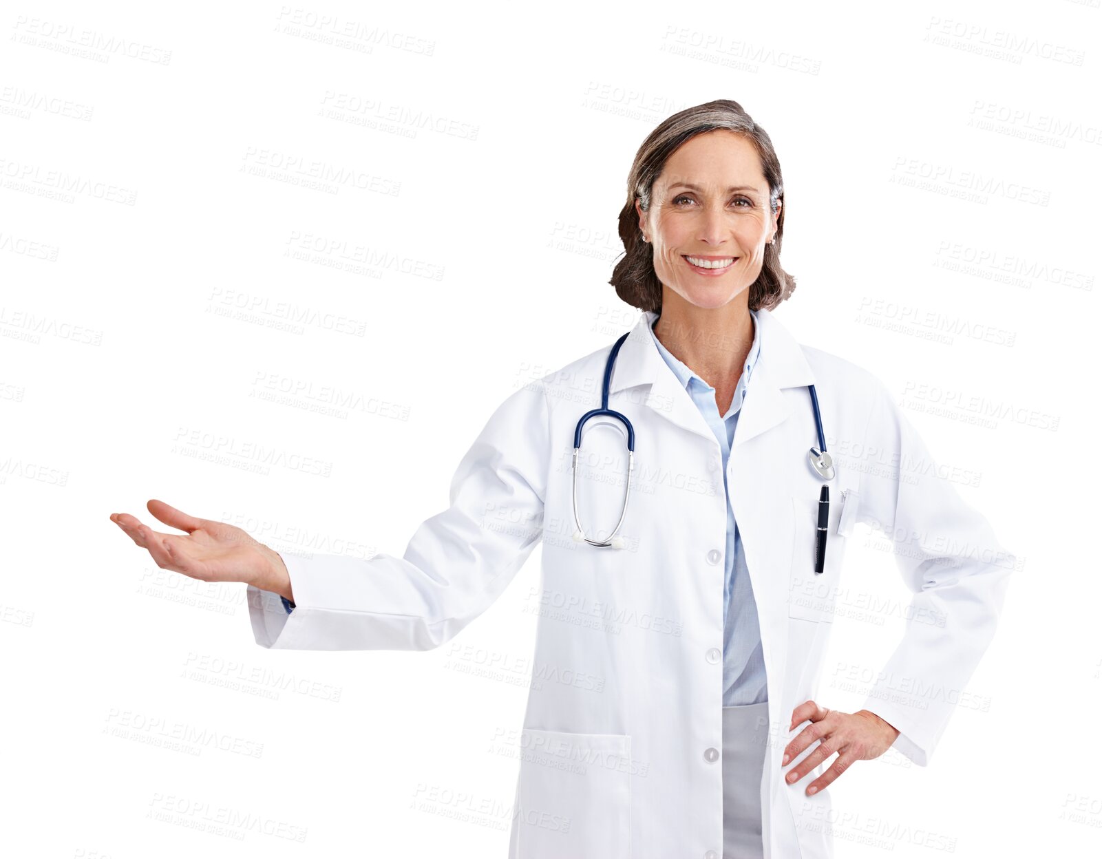 Buy stock photo Presentation, doctor and choice with portrait of woman on png for show, medical and news. Medicine, healthcare and advertising with person isolated on transparent background for information and offer