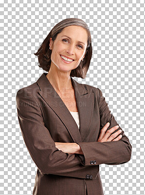 Buy stock photo Portrait, business woman and smile with arms crossed in isolated on transparent, png background. Face, boss and mature female ceo, professional or executive from Australia with confidence and happy