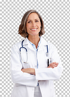 Buy stock photo Portrait, woman and doctor with crossed arms for confidence, pride and healthcare career. Medical, smile and happy female surgeon professional from Canada isolated by a transparent png background.