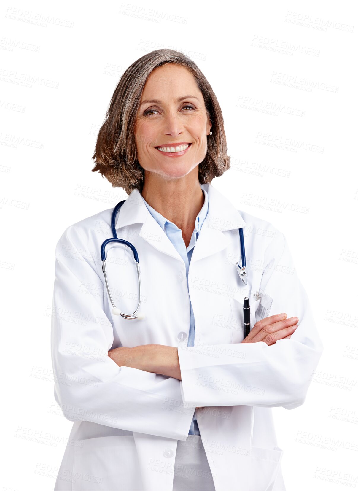 Buy stock photo Portrait, woman and doctor with crossed arms for confidence, pride and healthcare career. Medical, smile and happy female surgeon professional from Canada isolated by a transparent png background.