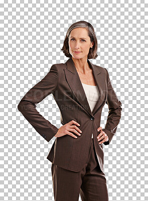 Buy stock photo Portrait, business and serious senior woman with power pose on isolated, transparent and png background. Assertive, face and elderly female executive with confidence, attitude and posing tough