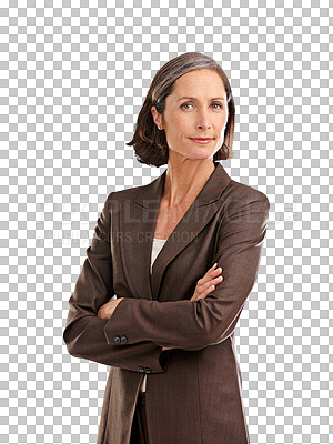 Buy stock photo Portrait, business woman and leader with arms crossed in isolated on transparent, png background. Face, boss and mature female ceo, professional or executive from Australia with confidence and pride