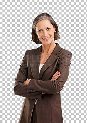 Buy stock photo Portrait, business woman and leader with arms crossed in isolated on transparent, png background. Face, boss and mature female ceo, professional or executive from Australia with happy confidence 