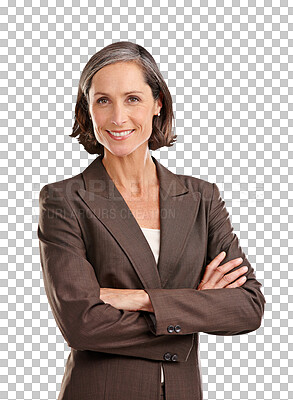 Buy stock photo Portrait, business woman and happy with arms crossed in isolated on transparent, png background. Face, boss and mature female ceo, professional or executive from Australia with confidence and smile