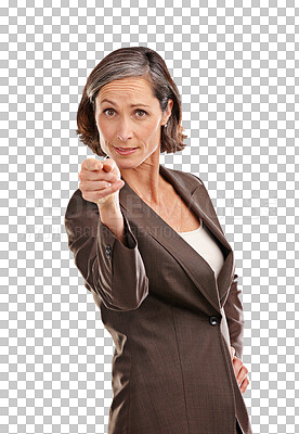 Buy stock photo Pointing, senior and portrait of business woman on png for choice, decision or support. Motivation, vote and opportunity with female employee isolated on transparent background for hiring and opinion