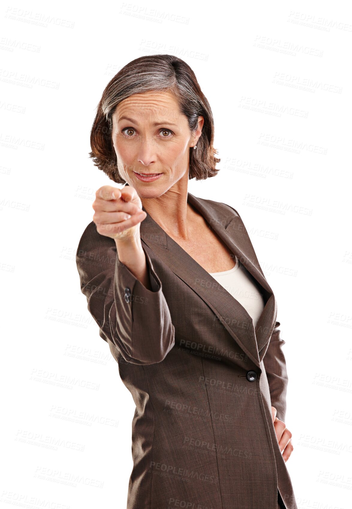 Buy stock photo Pointing, senior and portrait of business woman on png for choice, decision or support. Motivation, vote and opportunity with female employee isolated on transparent background for hiring and opinion