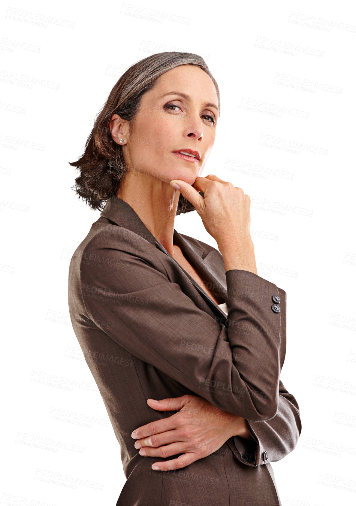 Buy stock photo Thinking, portrait and senior woman with idea, decision or problem solving solution on isolated, transparent or png background. Face, ask and elderly lady with why, question or doubt, choice or emoji