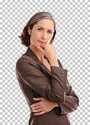 Buy stock photo Portrait, thinking and senior woman with idea, decision or problem solving solution on isolated, transparent or png background. Face, ask and elderly lady with why, question or doubt, choice or emoji