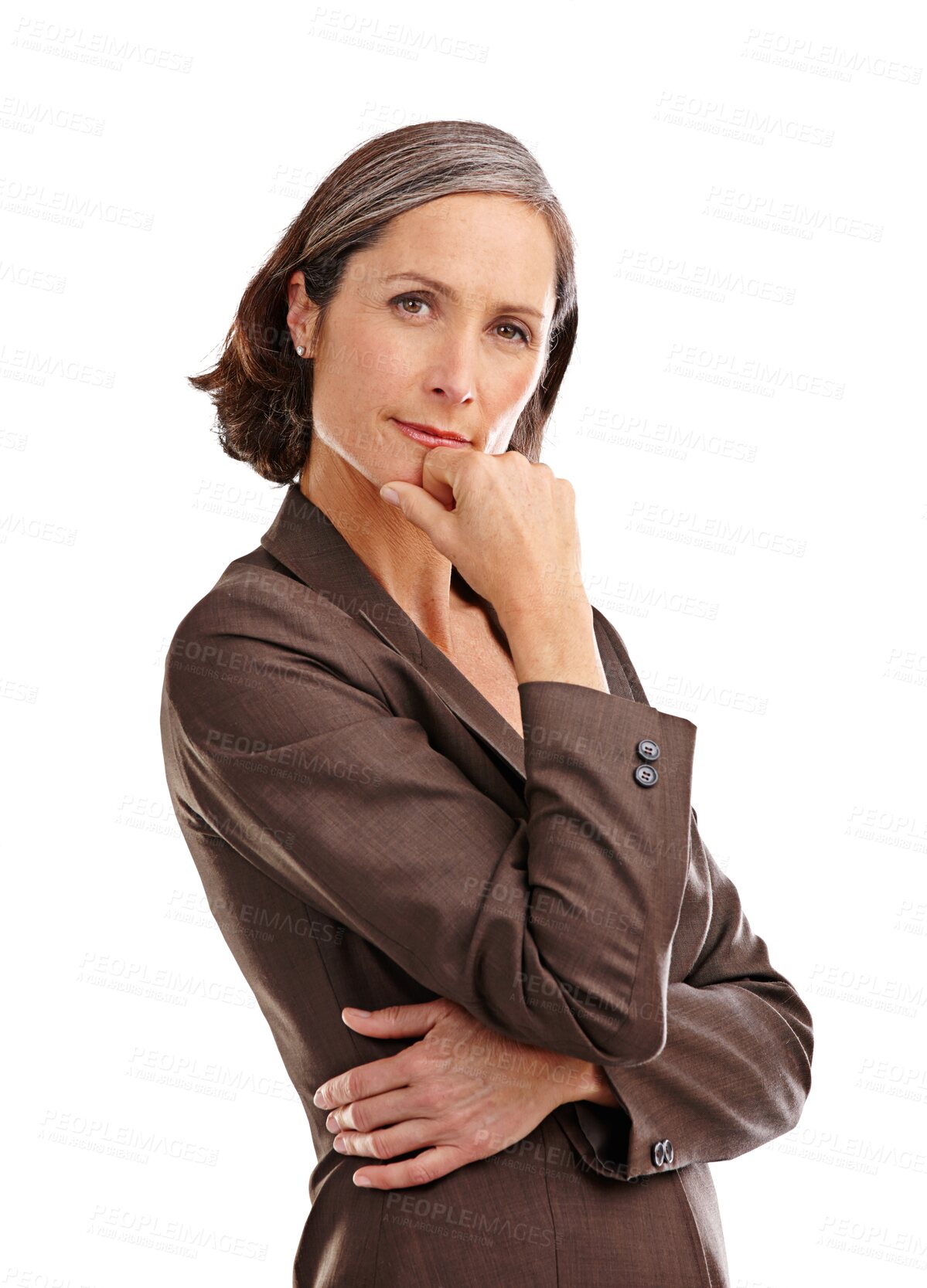 Buy stock photo Portrait, thinking and senior woman with idea, decision or problem solving solution on isolated, transparent or png background. Face, ask and elderly lady with why, question or doubt, choice or emoji