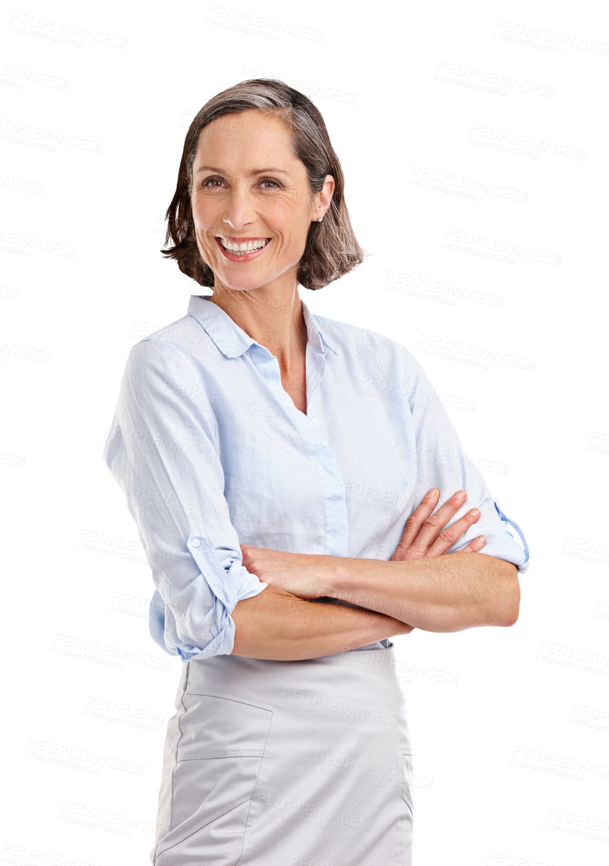 Buy stock photo Business woman, arms crossed and happy portrait of corporate lawyer employee with a smile. Leader, proud and isolated on transparent, png background with mature female person ready for law work