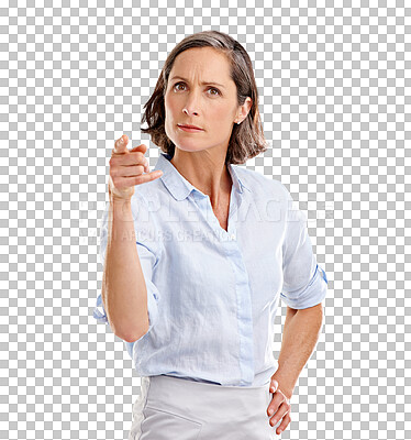 Buy stock photo Portrait, angry and elderly woman with hand pointing for warning, you or choice on isolated, transparent or png background. Emoji, blame and senior lady face with decision, guilty or accountability