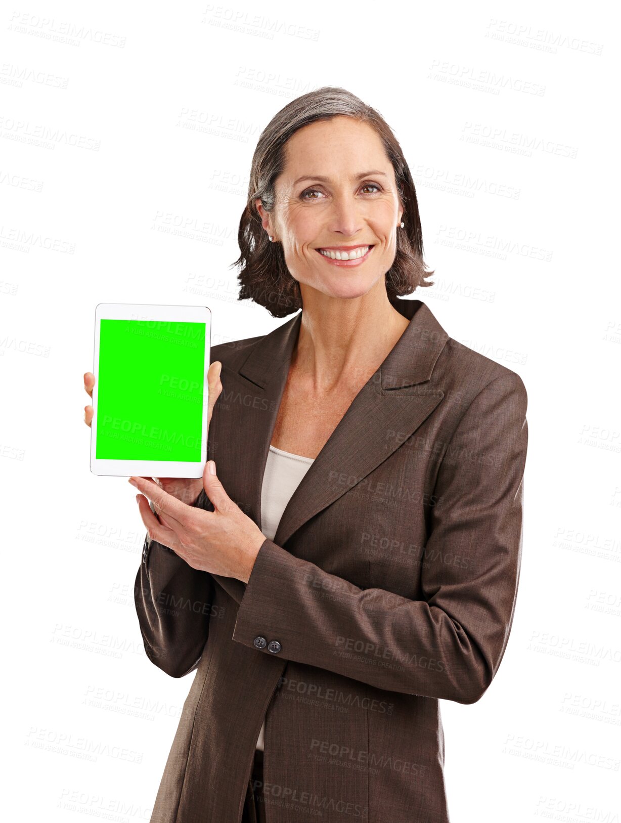 Buy stock photo Tablet green screen, portrait and happy woman with business mockup space, tech brand or sales promo. Corporate presentation, chroma key and professional person isolated on transparent, png background