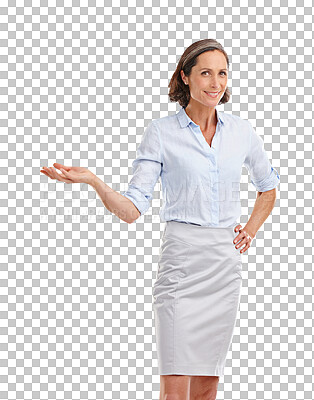 Buy stock photo Portrait, business woman and hands for presentation of announcement, promotion deal or offer isolated on transparent png background. Happy mature manager show launch of corporate information about us