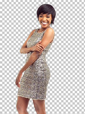 Buy stock photo Happy young woman in party dress for fashion, celebration and event in glitter, glamour or luxury. Model portrait or african person in silver sparkle clothes isolated on transparent, png background