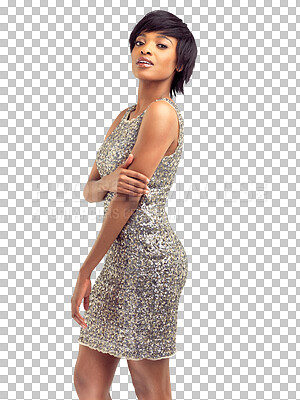 Buy stock photo Young portrait of woman in party dress for fashion, celebration and event in glitter, glamour or luxury. Model or african person in silver or sparkle clothes isolated on transparent, png background