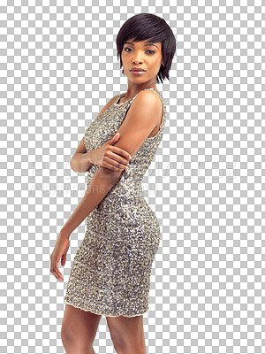 Buy stock photo Black woman, fashion and portrait of confidence in dress, luxury style or glitter clothing on isolated, transparent or png background. Serious, face and African model with glamour and clothes 