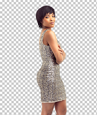 Buy stock photo Black woman, fashion and portrait with arms crossed, confidence and designer dress on isolated, transparent or png background. Serious, face and African model with glamour, style and formal clothes 