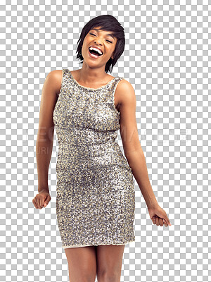 Buy stock photo Fashion, excited and portrait of a woman in classy, stylish and glamour formal dress. Happy, smile and African female model in elegant, fancy and glitter outfit isolated by transparent png background