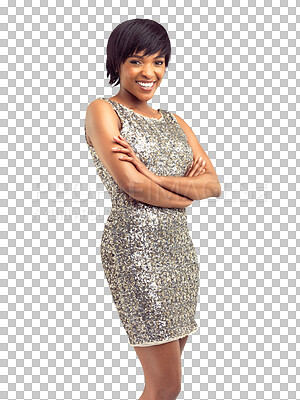 Buy stock photo Fashion, happy and portrait of black woman with glamour on isolated, png and transparent background. Beauty, confidence and trendy female person with glitter dress for party, luxury event and style