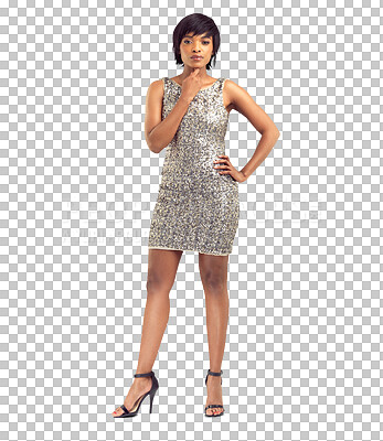 Buy stock photo Black woman, fashion and portrait with confidence in formal dress, style or clothing on isolated, transparent or png background. Serious, face and African model or designer with idea for clothes