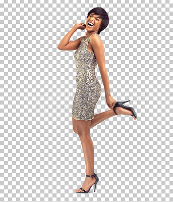 Buy stock photo Excited, portrait and black woman in sequin dress isolated on a transparent png background. Fashion, style or model with party clothes with aesthetic sparkle, happy or funny laugh at event in Nigeria