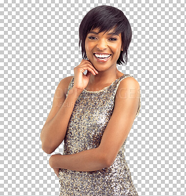 Buy stock photo Happy, portrait and black woman in sequin dress isolated on a transparent png background. Fashion, face or model with party clothes with silver aesthetic sparkle, prom style and event in South Africa