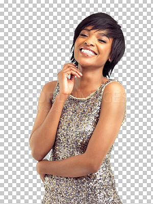 Buy stock photo Fashion, portrait and black woman in sequin dress isolated on a transparent png background. Face, style and model with party clothes, girl or person with aesthetic, smile or luxury in South Africa