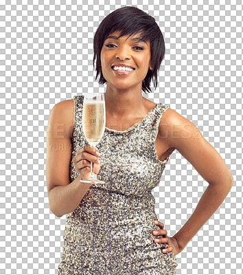 Buy stock photo Wine glass, portrait and happy woman with toast, celebration and alcohol for party, holiday or event. Drink, success and champagne of person or model in luxury isolated on transparent, png background