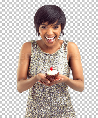 Buy stock photo Fashion, cupcake and portrait of woman in dress for her birthday celebration with smile. Happy, excited and African female model with classy outfit and dessert isolated by transparent png background.