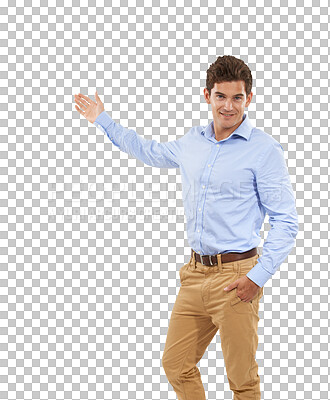 Buy stock photo Presenting, pointing and portrait of business man on isolated, png and transparent background. Advertising, professional and happy male person with hand gesture for promotion, information and showing