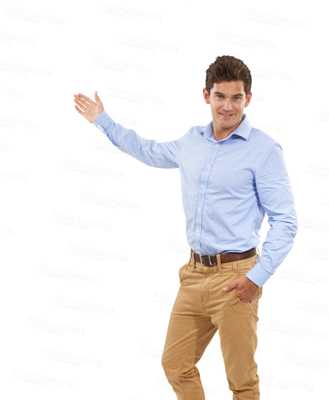 Buy stock photo Presenting, pointing and portrait of business man on isolated, png and transparent background. Advertising, professional and happy male person with hand gesture for promotion, information and showing