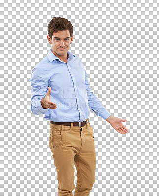 Buy stock photo Handshake, portrait and business man offer, introduction or welcome isolated on a transparent, png background. Happy corporate person shaking hands in pov meeting, success and congratulations or deal