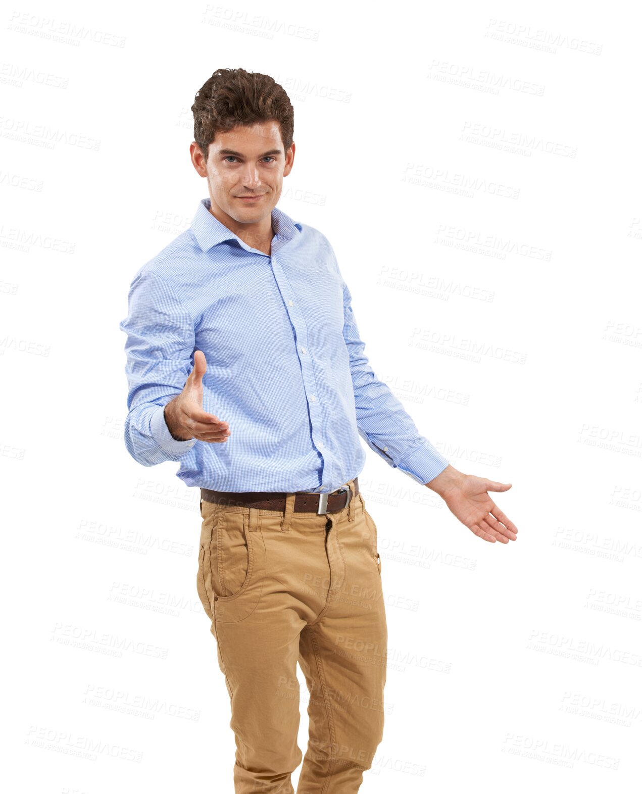 Buy stock photo Handshake, portrait and business man offer, introduction or welcome isolated on a transparent, png background. Happy corporate person shaking hands in pov meeting, success and congratulations or deal