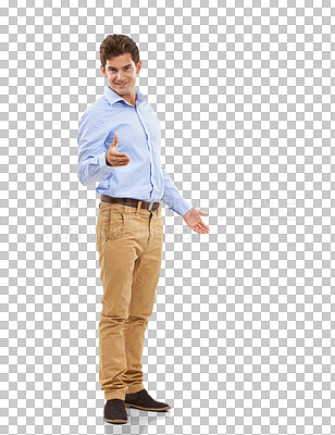 Buy stock photo Handshake, offer and business man introduction, hello or welcome isolated on a transparent, png background. Portrait of corporate person shaking hands in pov meeting, deal success and congratulations