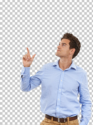 Buy stock photo Presenting, pointing up and business man for advertising on isolated, png and transparent background. Promotion, professional and male person with hand gesture for deal, information and choice