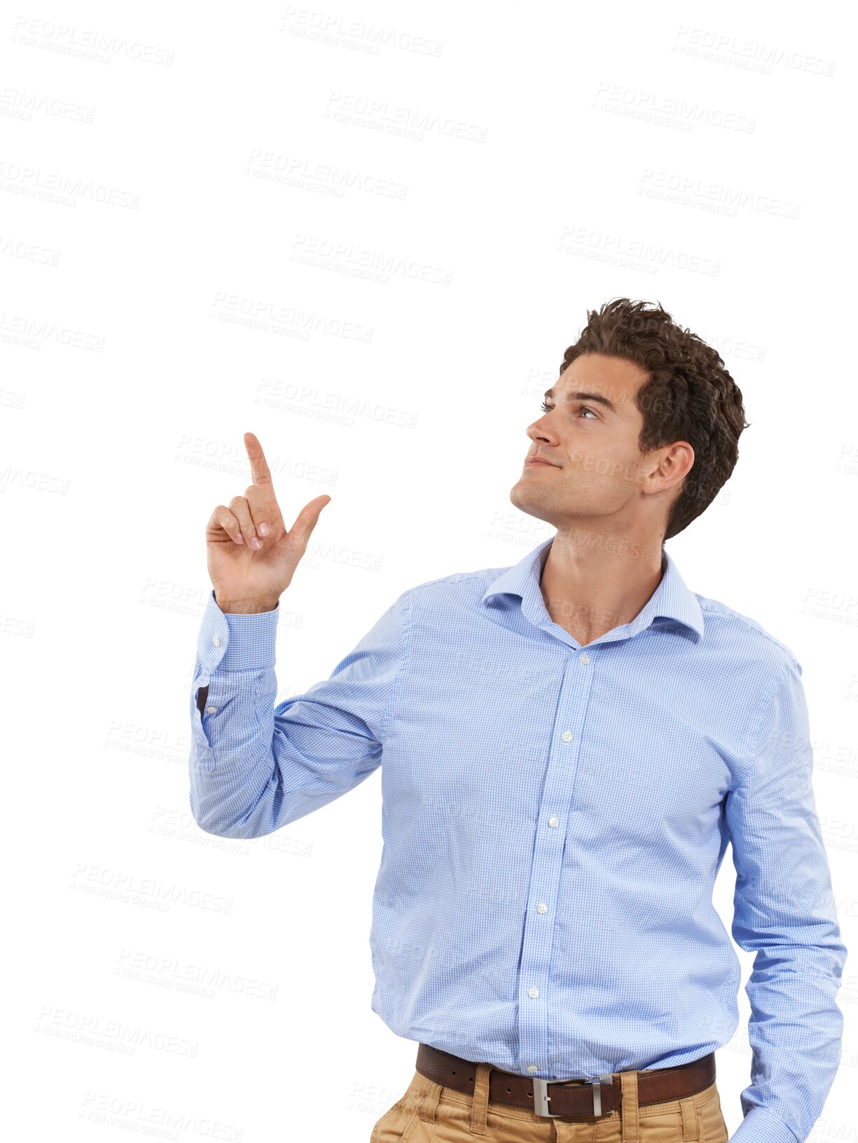 Buy stock photo Presenting, pointing up and business man for advertising on isolated, png and transparent background. Promotion, professional and male person with hand gesture for deal, information and choice