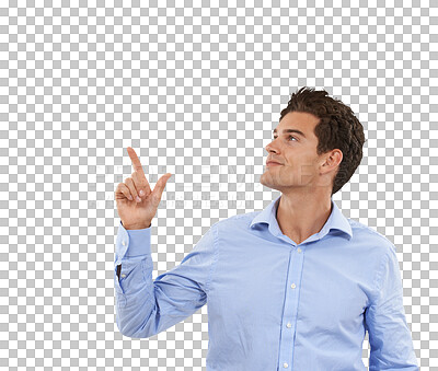 Buy stock photo Information, pointing up and business man for advertising on isolated, png and transparent background. Presentation, professional and happy male person with hand gesture for promotion, deal and news