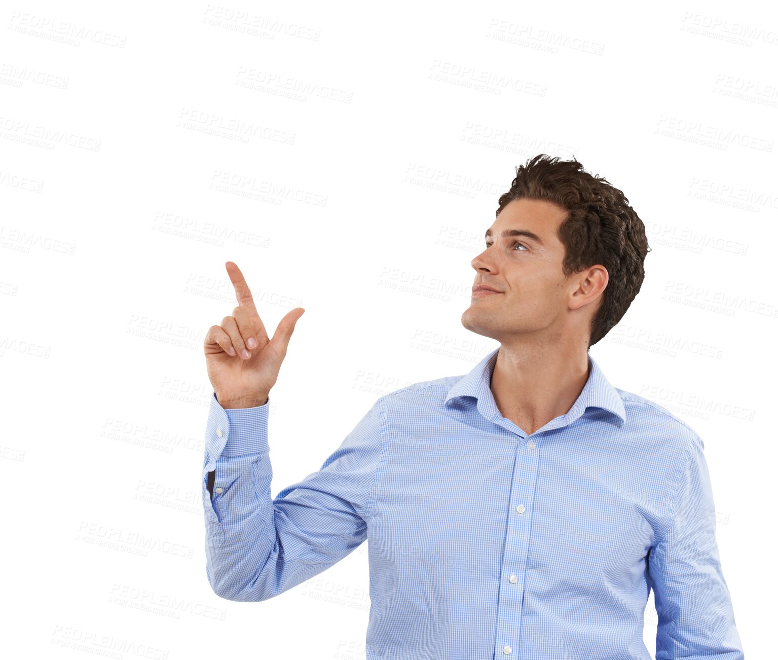 Buy stock photo Information, pointing up and business man for advertising on isolated, png and transparent background. Presentation, professional and happy male person with hand gesture for promotion, deal and news