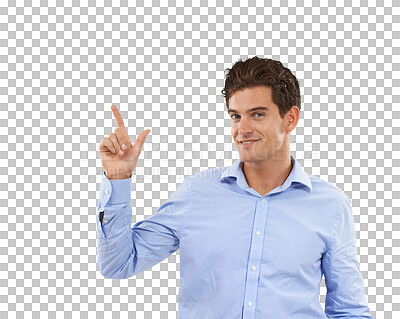 Buy stock photo Corporate, pointing up and portrait of business man on isolated, png and transparent background. Advertising, professional and happy male person with hand gesture for promotion, information and deal