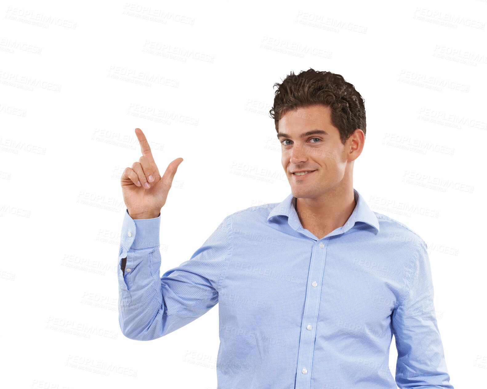 Buy stock photo Corporate, pointing up and portrait of business man on isolated, png and transparent background. Advertising, professional and happy male person with hand gesture for promotion, information and deal