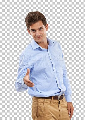 Buy stock photo Handshake, offer and professional man introduction or welcome isolated on transparent, png background. Portrait of business person shaking hands in interview, recruitment success and congratulations