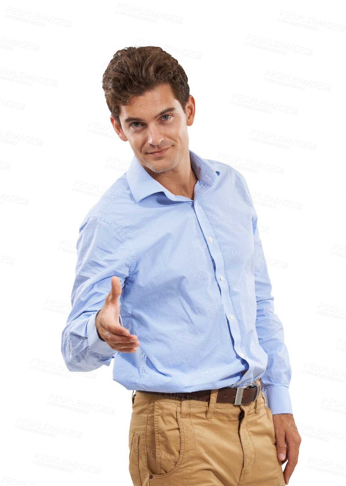 Buy stock photo Handshake, offer and professional man introduction or welcome isolated on transparent, png background. Portrait of business person shaking hands in interview, recruitment success and congratulations