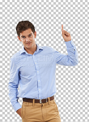 Buy stock photo Pointing up, advertising and portrait of business man on isolated, png and transparent background. Deal, professional and happy male person with hand gesture for promotion, information and news