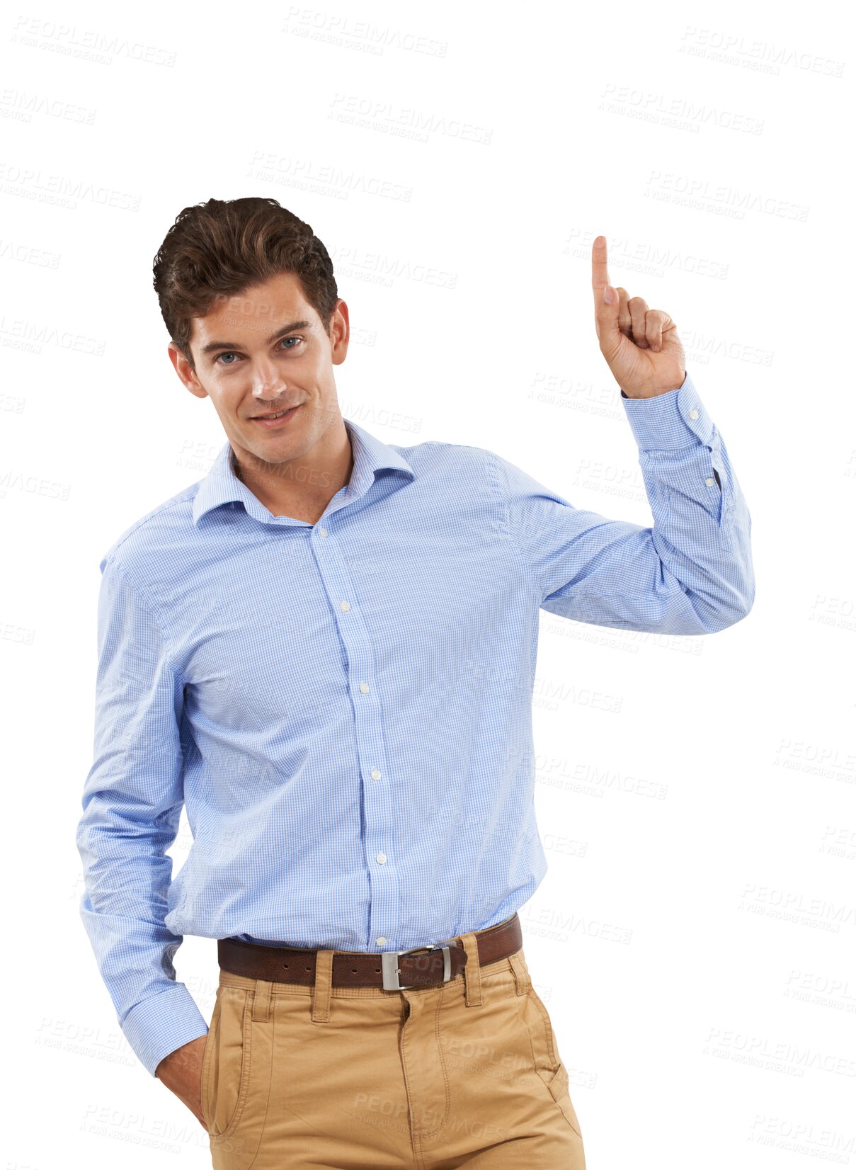 Buy stock photo Pointing up, advertising and portrait of business man on isolated, png and transparent background. Deal, professional and happy male person with hand gesture for promotion, information and news