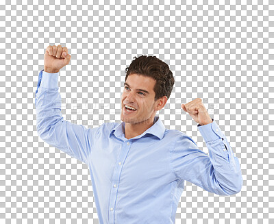 Buy stock photo Success, winner and business man with yes, celebration and happy bonus, news or profit achievement. Sales, target or power of corporate person or model fist isolated on a transparent, png background