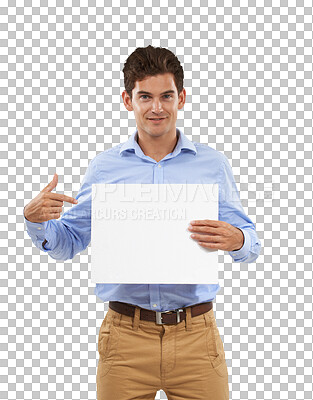 Buy stock photo Business man, poster mockup and presentation for advertising job opportunity, news and announcement. Portrait of professional person pointing to card space isolated on a transparent, png background